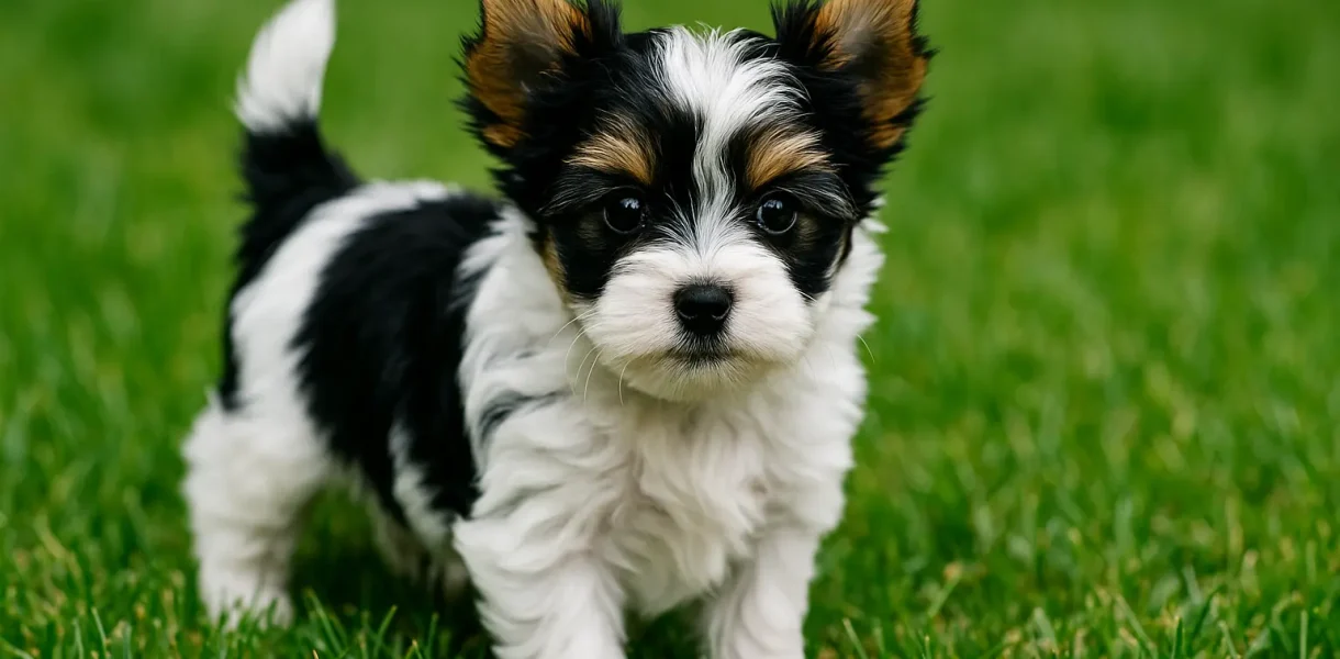 Black and white Yorkshire Terrier standing on grass with a soft natural background