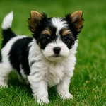 Black and white Yorkshire Terrier standing on grass with a soft natural background
