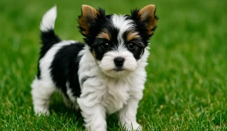 Black and white Yorkshire Terrier standing on grass with a soft natural background