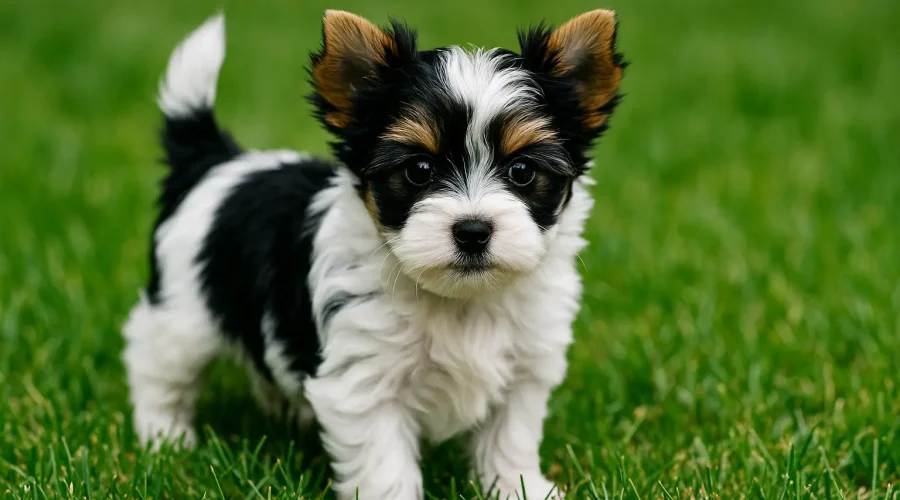 Black and white Yorkshire Terrier standing on grass with a soft natural background