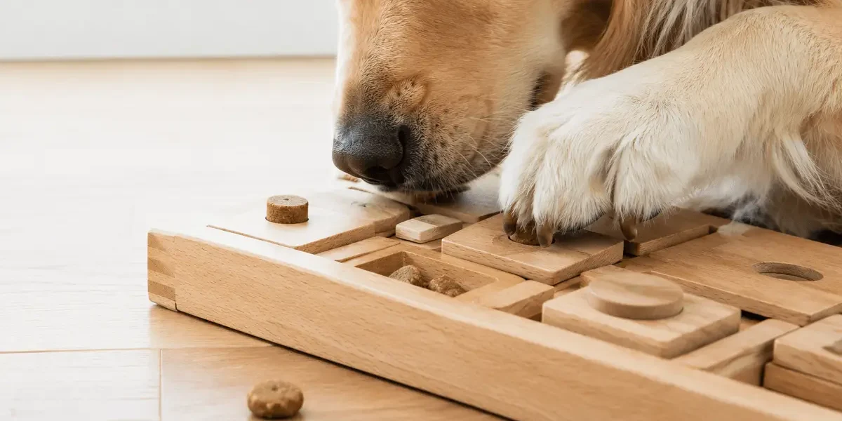 Close-up of a dog's paw and snout interacting with a natural wooden puzzle toy filled with treats on a light oak floor.