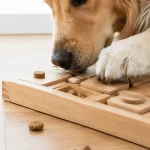 Close-up of a dog's paw and snout interacting with a natural wooden puzzle toy filled with treats on a light oak floor.