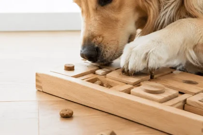 Close-up of a dog's paw and snout interacting with a natural wooden puzzle toy filled with treats on a light oak floor.