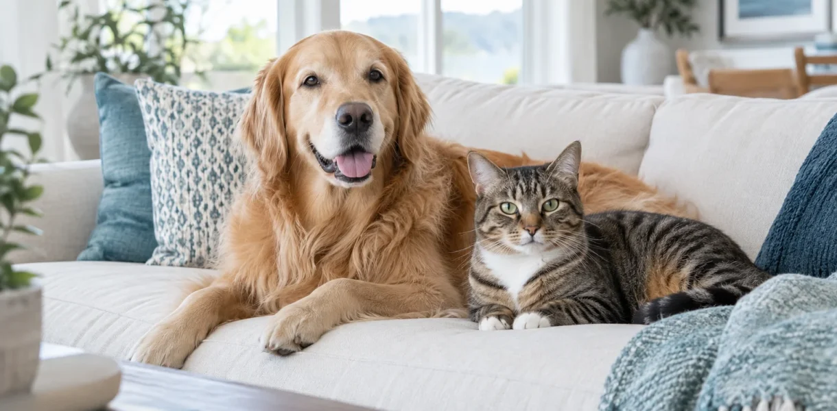 Dog and cat sitting together beside a smartphone