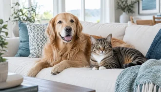 Dog and cat sitting together beside a smartphone