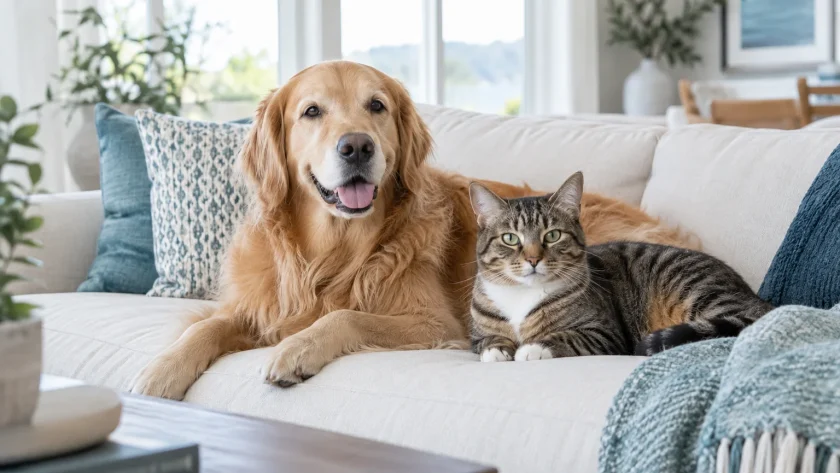 Dog and cat sitting together beside a smartphone