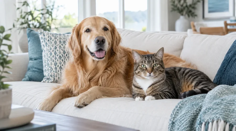 Dog and cat sitting together beside a smartphone