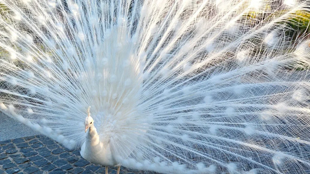 Close-up view of a white peacock's long train feathers.