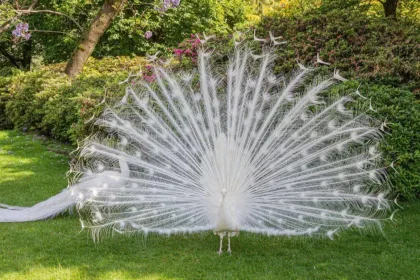 White peacock displaying its white train feathers in a green garden